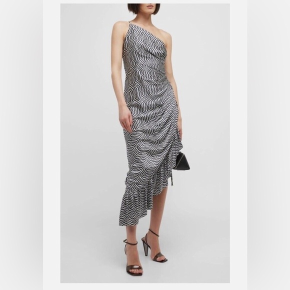 NWT Cinq A Sept Ruffled 100% Silk Midi Dress Sz 4 New Black White Asymmetric Hem - Picture 13 of 13